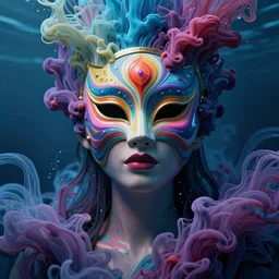 a centered render of an alluring goddess wearing a psychedelic mask surrounded by a underwater ink pour, perfect face, powerful, cinematic, beautifully lit, by artgerm, by karol bak, 3 d, trending on artstation, octane render, 8 k