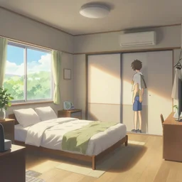 a bedroom in a japanese apartment, key visual, a digital painting by makoto shinkai and james gurney, trending on artstation, highly detailed