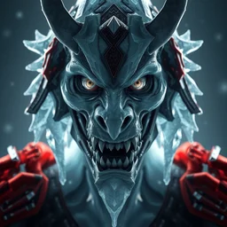 centered detailed portrait of a scary ice samurai, beast, realistic character concept, identical eyes, gazing eyes, elegant pose, fantasy, illustration, slender symmetrical face and body, artstation, cinematic lighting, hyperdetailed, cgsociety, 8 k, tom richmond, single face, octane render, golden ratio, vfx, postprocessing, alluring