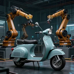 a detailed illustration of vintage vespa scooter surrounded by assembly line robots, side view, blacklight aesthetic, cyberpunk theme, by michael whelan and ralph mcquarrie, 8K, blade runner lighting
