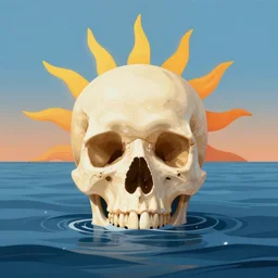 a skull that is the sun rising just above the horizona over the sea by dan mumford and vladimir kush and donato giancola and ted withers and peter driben and brom and roberto ferri, green water, highly detailed, high contrast, intricate details, blended palette