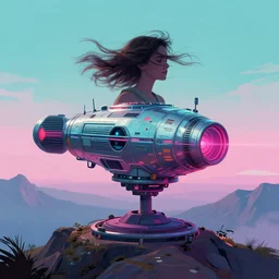 teleportation machine on a mountaintop, with the wind blowing through your hair and the feeling of being on top of the world by alyssa monks and jim burns, style of synthwave