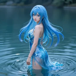 a very beautiful anime girl wearing a dress made of water standing in a reflective crystal lake , full body, long azure blue hair, azure blue watery eyes, full round face, seductive over the shoulder stare, cinematic lighting, full body shot, highly realistically detailed, trending on artstation, Unreal Engine 4k, Stanley Artgerm Lau, WLOP, Rossdraws, James Jean, Andrei Riabovitchev, Marc Simonetti, and Sakimichan