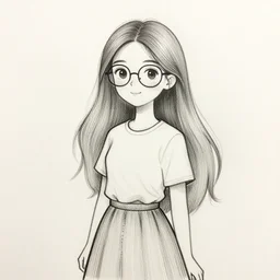 pretty girl with long hair, skirt, glasses, fineliner doodle