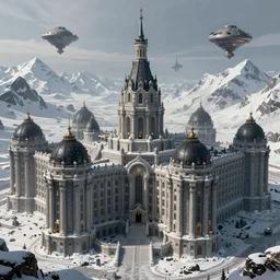 a beautiful highly detailed matte painting of a huge imperial Russian futuristic brutalist palace, snow capped mountains in the background, black domes and radio spires with blinking lights, Space Hulk, WarHammer 40k by Jose Daniel Cabrera Pena and Leonid Kozienko, concept art-H 640