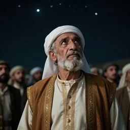 photo 80 year old middle eastern man in Biblical clothing looking up at a multitude stars, hopeful, wistful, sentimental, cinematic lighting