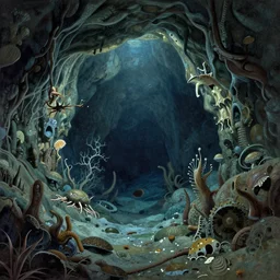 deep dark underwater cave in the style of Thomas Peschak