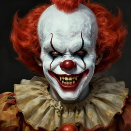 a killer clown with sharp fangs and scars, hyper-detailed digital painting