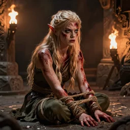 an injured elf, tied up on the ground, stone room, torchlight, fantasy, concept art, angry, bloodied