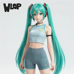 hatsune miku wearing crop gym top with white lettering, crop yoga short, Advertising photography by Wlop, masterwork, cgstudio