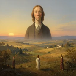 symmetry!! god overlooking a surreal landscape of a dream, lucid dream, people, very detailed, serene, peaceful, golden hour, perfect lighting, perfect composition, digital art, illustration, frederic edwin church, giorgio de chirico, 4 k