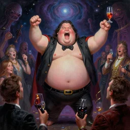 super fat keanu reeves celebrating at a party being thrown in his honor, cosmic horror painting, elegant intricate digital painting artstation concept art by mark brooks and brad kunkle detailed
