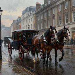 Horse carriages on a Victorian city street on a rainy day in London, evening, low angle view, detailed matte painting, cinematic, John Atkinson Grimshaw, Artstation