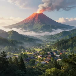 a powerful energy overtaken japanese village high in mountains, calm morning, fanart artstation global illumination rtx hdr fanart arstation 3 d, volcano, concept art by greg rutkowski and laurie greasley, forest, fantastic landscape, 8 k, cinematic color grading