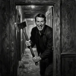 Ted Cruz with a wide grin wielding a bloody hatchet peaking through a door in the distance at the end of a narrow corridor, black and white, creepy lighting, scary, horror, ornate, eerie, fear, oil painting