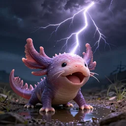 highly detailed shocked Axolotl hit by lightning from the sky in a small puddle, thunder, dramatic, dark, fantasy, digital art, hyperrealistic, Greg Rutkowski, Trending on Artstation, highly detailed