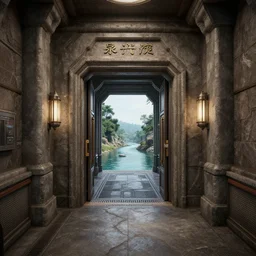 entrance to river sci fi river hallway, octane render