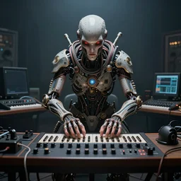 a centered photo of the most complicated and technical musical studio equipment being played by a mystical post apocalyptic cyborg, powerful, cinematic, beautifully lit, by artgerm, by borris vallegio, by robert venossa, 3 d, perfect face and body, trending on artstation, octane render, 8 k