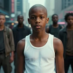 bald african - american teenager wearing white tank - top, gang in background, bladerunner 2 0 4 9, city, cinematic, film still