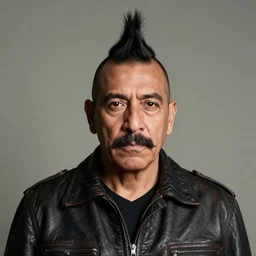 front medium portrait of a middle - aged mexican man with a mohawk haircut, moustache, wearing a leather jacket, blank background, rembrandt lighting, by magritte, kehinde wiley, kadir nelson