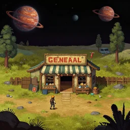 in front of a general store, in a remote outpost, on an alien planet, from a space themed point and click 2 d graphic adventure game, set design inspired slightly by hg giger and tomb raider, art inspired by thomas kinkade and bob ross and william lionel wyllie