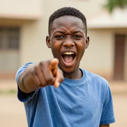 photo of african teen shouting and pointing at camera, high definition