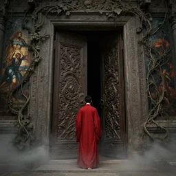 opening of an ancient door with intricate design leading to a dark unknown, vines, painting, high detailed, muted colours, red robes, fantasy, particles, fog, tintoretto, beksinski, masanori warugai, wlop, wide shot