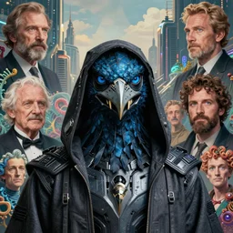 realistic detailed portrait movie shot of a birdman wearing dark cyber robes, sci fi city landscape background by denis villeneuve, amano, yves tanguy, alphonse mucha, ernst haeckel, max ernst, roger dean, masterpiece, rich moody colours, dog teeth, blue eyes