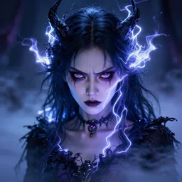 photorealistic full shot portrait of angry darkness anime girl, beautifull eyes, electric aura, inspired by tim burton, detailed, unreal engine 4 k, volumetric light, fog