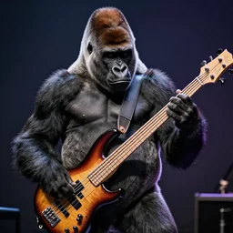 gorilla playing bassguitar, very detailed, professional award winning photo