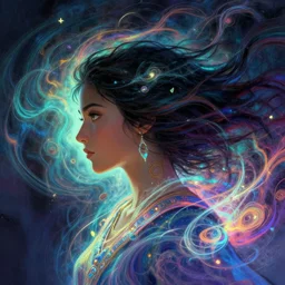 side profile portrait, maya ali, wind sorceresses, gloomhaven, luminescent, colorful swirly magic ripples, by greg manchess, huang guangjian, gil elvgren, sachin teng, greg rutkowski, jesper ejsing, ilya kuvshinov