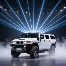 hummer truck on a stage with laser rays surrounded by fog.