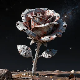 A outside view of abandoned magnetic rose space station in shape of rose in the deep space, Trending on artstation.