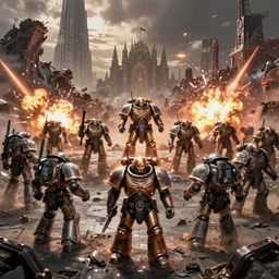warhammer 40k ultramarines, adeptus astartes, on the battle field, explosions and ruined empire on the background, digital art, illustration, wide angle, fine details, cinematic, highly detailed, octane render, 4k, unreal engine