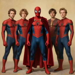 spiderman wears a doublet whilst wearing a red velvet Cape , alexanre benois edward julius detmold jehan choo jeff simpson raphael lacoste guillem h. pongiluppi grisaille