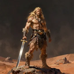 muscular human barbarian on mars, standing on boulder, sword and sorcery, science fiction pulp illustration