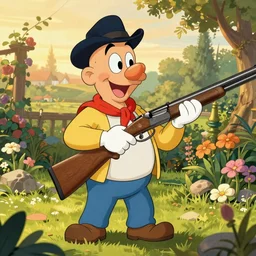 Elmer Fudd holding a shotgun, golden hour, in a garden, artstation, by J. C. Leyendecker and Peter Paul Rubens,