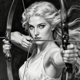 portrait of beautiful aphrodite goddess as an archer warrior, beautiful piercing eyes, flowing blonde hair, realistic face, black and white drawing, in the style of greg rutkowski, fantasy, amazing detail, epic, intricate, elegant, smooth, sharp focus