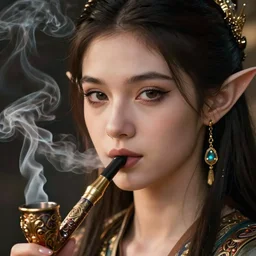closeup hyper-realistic portrait of beautiful high-fantasy elf girl smoking a fantasy pipe, intricate details, rule of thirds, by Stanley Artgerm Lau, by greg rutkowski, by thomas kindkade, by alphonse mucha, loish, by norman rockwell J.