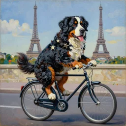 intricate five star bernese mountain dog riding a bike in paris by pablo picasso, oil on canvas, hdr, high detail, photo realistic, hyperrealism, matte finish, high contrast, 3 d depth, centered, masterpiece, vivid and vibrant colors, enhanced light effect, enhanced eye detail, artstationhd