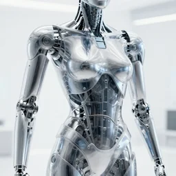 highly detailed chromium cybernetic endoskeleton in a white room : : transparent armor : : upper body closeup