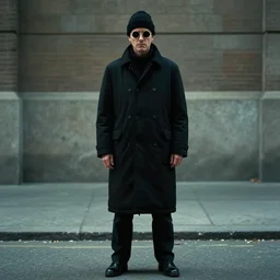 small circle!!! round!!!! sunglasses, serious dramatic jean reno wearing circle!! round!! sunglasses and a beanie cap, wearing long black winter coat, full body shot, film still from leon the professional