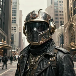 a concept art portrait of masked diesel punk helmet on the art deco streets of the big city, artstation, award - winning realistic sci - fi concept art by jim burns and greg rutkowski, beksinski, a realism masterpiece, muted color palette, james gilleard, bruegel, alphonse mucha, and yoshitaka amano
