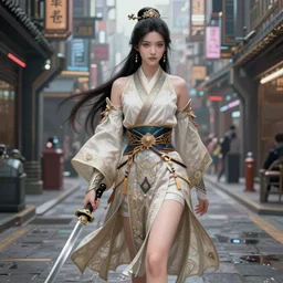 beautiful elegant xianxia heroine 剑 网 3 walking in cyberpunk street, ornamental, intricate details, elegant, highly detailed hyperrealistic painting, artstation, concept art, painterly, sharp focus, illustration, epic art by hans jokem bakker