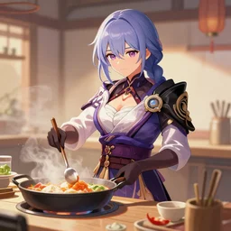Raiden Shogun cooking food, digital art, artstation, 4k, trending