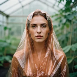 closeup portrait of a woman wrapped in bronze cellophane, standing in an overgrown greenhouse, color photograph, by clemens ascher, canon eos c 3 0 0, ƒ 1. 8, 3 5 mm, 8 k, medium - format print