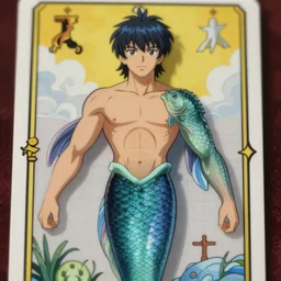 merman, handsome half fish half man, handsome face, semi realistic anime, fantasy anime, tarot card, art by Masamune Shirow, Ilya Kuvshinov, cinematic, 4K