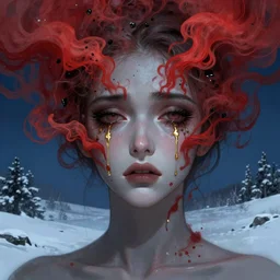 crying face of gorgeous woman made of red smoke and ash with tears of gold, art by beksinski, deep eyes, dark blue atmosphere, snow landscape background, concept art, artstation, art by anato finnstark, art by toshihiro egawa