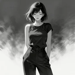 portrait of a girl in long pants and a top, hands in pockets, eyes closed, bob haircut, digital art, black and white, manga style