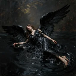 8 k art photography, filmic lighting, cinematic art shot, hyperrealistic, hyperdetailed, super detailed, uhd, uhd, 8 k, high resolution, a fallen angel in black fluid simulation, painting by ross tran and ivan aivazovsky, black water